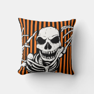 Spooky Halloween Skeleton Oranje Black Striped Kussen