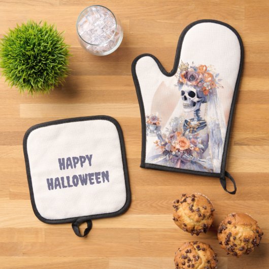 Spooky Halloween Skeleton Oven Mitt en Pot Holder Ovenwant & Pannenlap Set (Top down)
