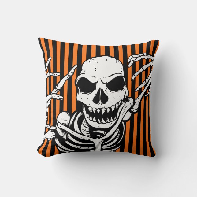 Spooky Halloween Skeleton Sinaasappel Zwart Kussen (Voorkant)