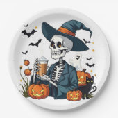 Spooky Halloween Skeleton Sippin Pumpkin Spice Papieren Bordje (Voorkant)