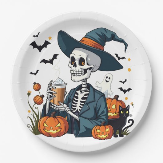 Spooky Halloween Skeleton Sippin Pumpkin Spice Papieren Bordje (Voorkant)