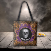 Spooky  Halloween Skull op Sinaasappel Damask Tote Bag