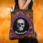 Spooky  Halloween Skull op Sinaasappel Damask Tote Bag
