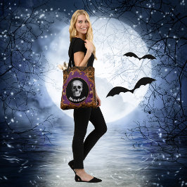 Spooky Halloween Skull op Sinaasappel Damask Tote Bag