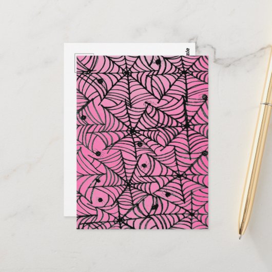 Spooky Halloween Spider Webs op Roze Briefkaart (Voorkant / Achterkant in situ)