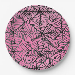 Spooky Halloween Spider Webs op Roze Papieren Bordje