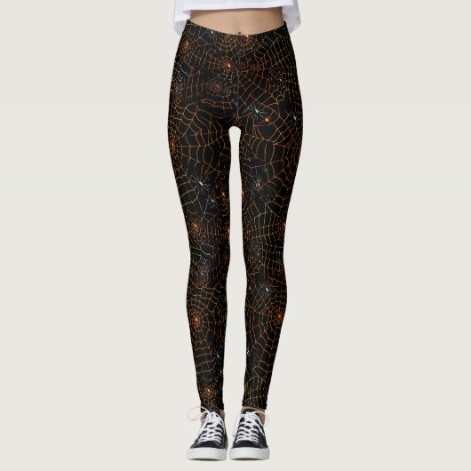 Spooky Halloween Spinnenweb Zwart Sinaasappel Wit Leggings (Voorkant)