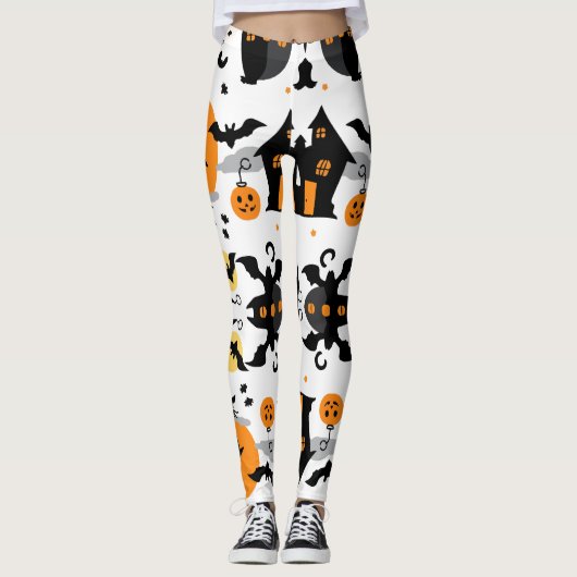 Spooky Halloween spookhuis en vleermuispatroon Leggings (Voorkant)