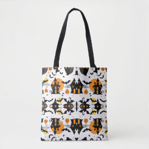 Spooky Halloween spookhuis en vleermuispatroon Tote Bag