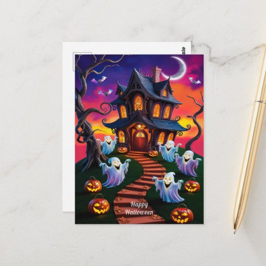 Spooky Halloween spookhuis illustratie Briefkaart (Voorkant / Achterkant in situ)