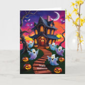 Spooky Halloween spookhuis illustratie Kaart (Gele Bloem)