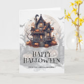 Spooky Halloween spookhuis vleermuizen pompoenen f Kaart (Gele Bloem)