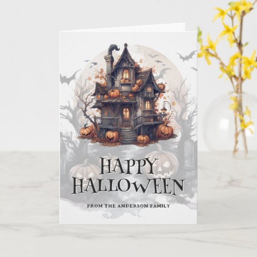 Spooky Halloween spookhuis vleermuizen pompoenen f Kaart (Gele Bloem)