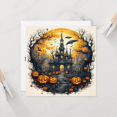 Spooky Halloween stad onder een volle maan Kaart (Voorkant / Achterkant in situ)