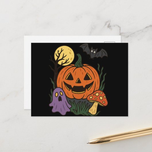 Spooky Halloween Sticker Briefkaart (Voorkant / Achterkant in situ)