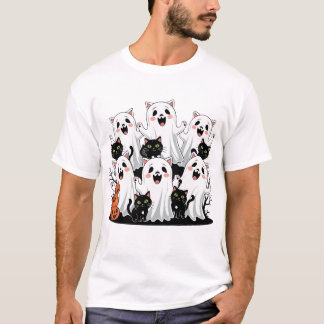 Spooky Halloween T-shirt met geesten, zwarte katte