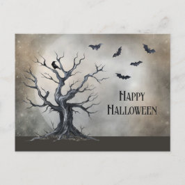 Spooky Halloween Tree met Raven en Vleermuizen Briefkaart