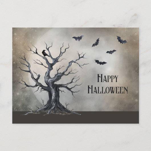 Spooky Halloween Tree met Raven en Vleermuizen Briefkaart (Voorkant)