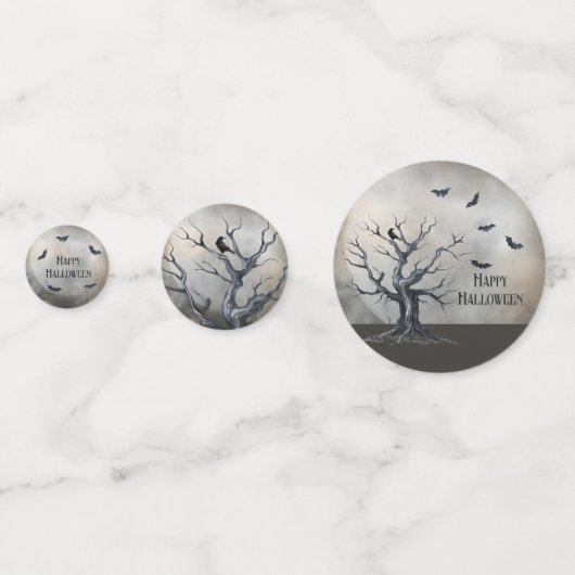 Spooky Halloween Tree met Raven en Vleermuizen Confetti (Voorkanten)