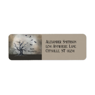 Spooky Halloween Tree met Raven en Vleermuizen Etiket