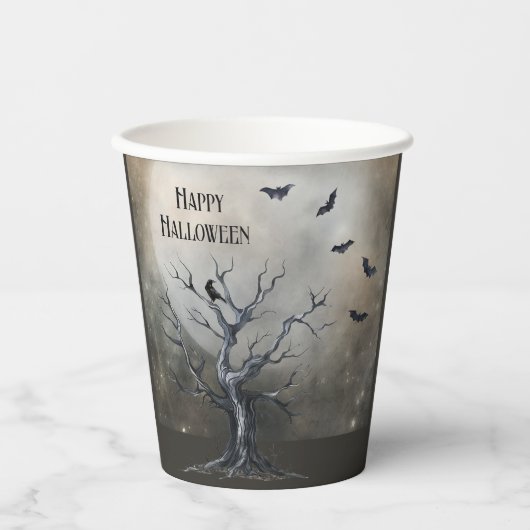 Spooky Halloween Tree met Raven en Vleermuizen Papieren Bekers (Voorkant)