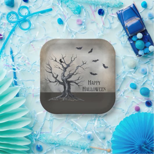 Spooky Halloween Tree met Raven en Vleermuizen Papieren Bordje (Feest)
