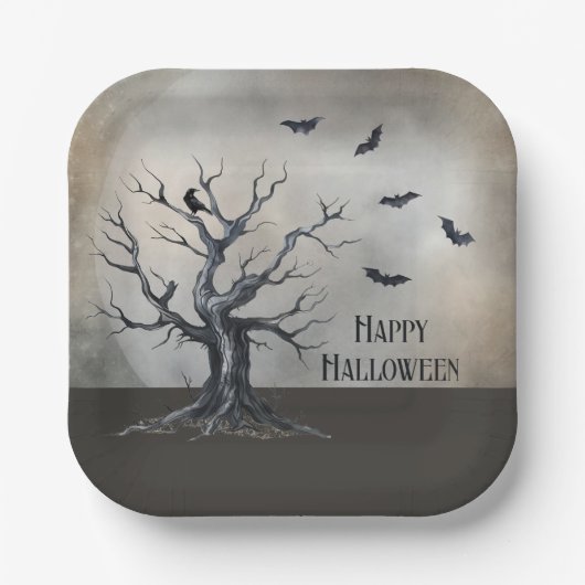 Spooky Halloween Tree met Raven en Vleermuizen Papieren Bordje (Voorkant)