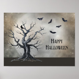 Spooky Halloween Tree met Raven en Vleermuizen Poster