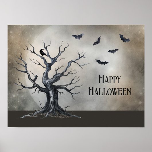 Spooky Halloween Tree met Raven en Vleermuizen Poster (Voorkant)