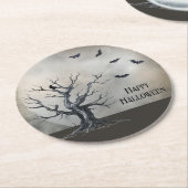 Spooky Halloween Tree met Raven en Vleermuizen Ronde Kartonnen Onderzetter (Gebogen)