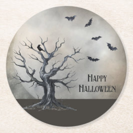 Spooky Halloween Tree met Raven en Vleermuizen Ronde Kartonnen Onderzetter