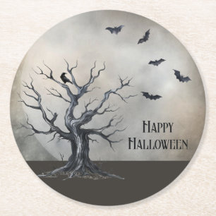 Spooky Halloween Tree met Raven en Vleermuizen Ronde Kartonnen Onderzetter