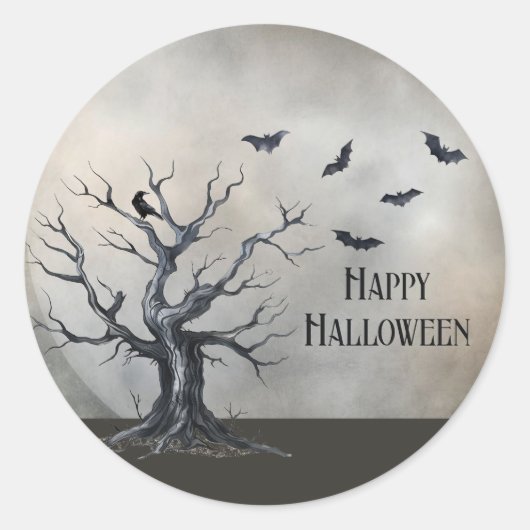 Spooky Halloween Tree met Raven en Vleermuizen Ronde Sticker (Voorkant)