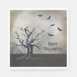 Spooky Halloween Tree met Raven en Vleermuizen Servet