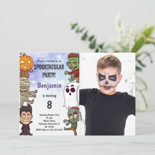 Spooky Halloween Verjaardag Uitnodiging met Foto (Staand voorkant)