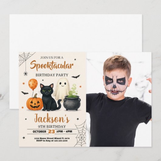 Spooky Halloween Verjaardag Uitnodiging met foto (Voorkant / Achterkant)