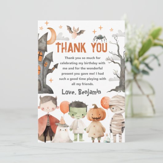 Spooky Halloween verjaardagsfeest bedankkaart (Staand voorkant)