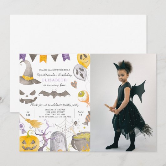 Spooky Halloween verjaardagsuitnodiging met foto Kaart (Voorkant / Achterkant)