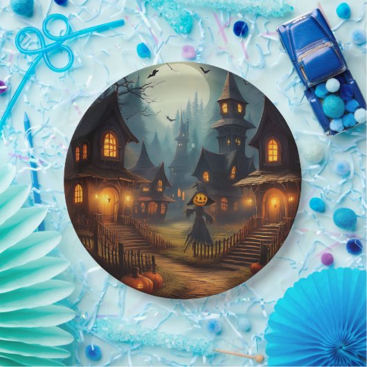 Spooky Halloween Village met Scare Crow Papieren Bordje (Feest)