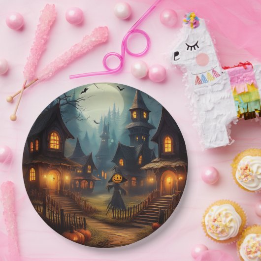 Spooky Halloween Village met Scare Crow Papieren Bordje (Feest)