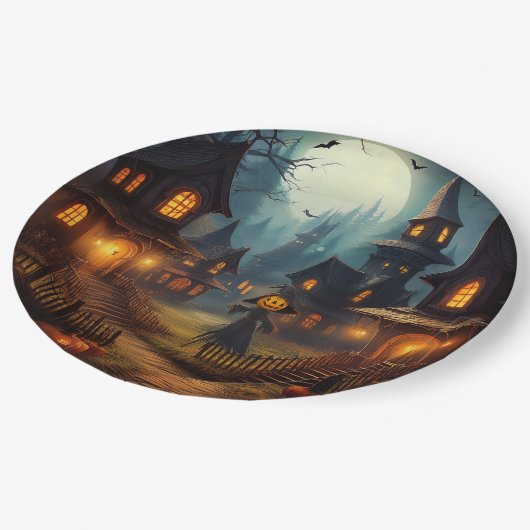 Spooky Halloween Village met Scare Crow Papieren Bordje (Gekanteld)