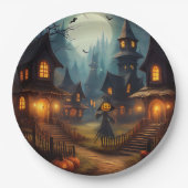 Spooky Halloween Village met Scare Crow Papieren Bordje (Voorkant)