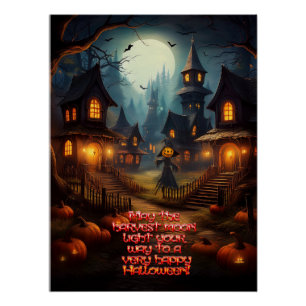 Spooky Halloween Village met Scare Crow Perfect Poster