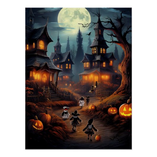 Spooky Halloween Village met truc voor verraders Perfect Poster (Voorkant)