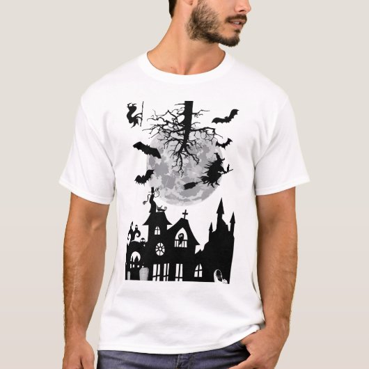Spooky Halloween vleermuizen horror heks stad T-shirt (Voorkant)