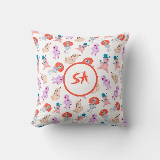 Spooky Halloween Voodoo Dolls Rood Roze Blauw Wit Kussen (Voorkant)