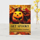 Spooky Halloween voor neef met Toothy Pumpkin Kaart (Gele Bloem)