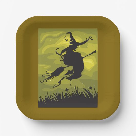 Spooky Halloween Witch Flying on Broomstick Papieren Bordje (Voorkant)