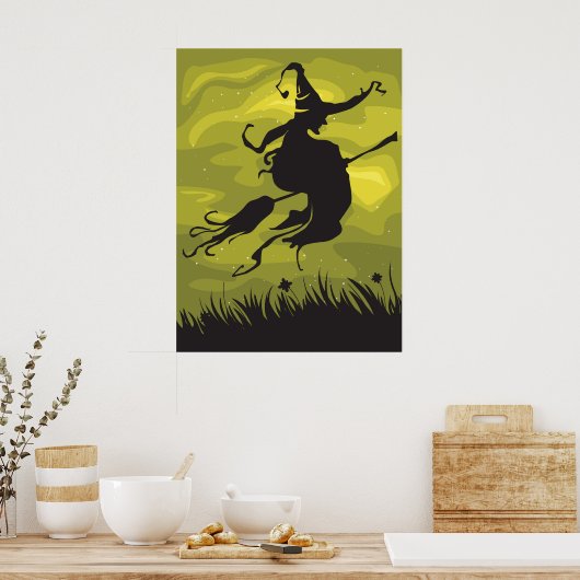Spooky Halloween Witch Flying on Broomstick Poster (Keuken)