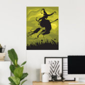 Spooky Halloween Witch Flying on Broomstick Poster (Thuiskantoor)